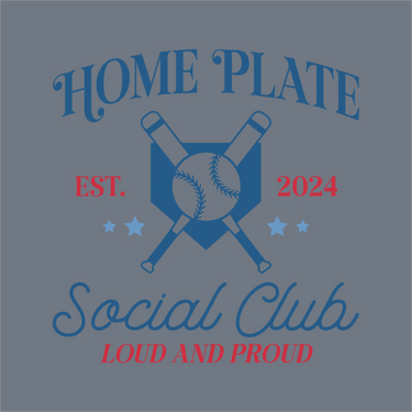 The InkMerge Home Plate Social Club DTF Transfer – Ready to Press features a blue and red logo with crossed bats, baseball, home plate,